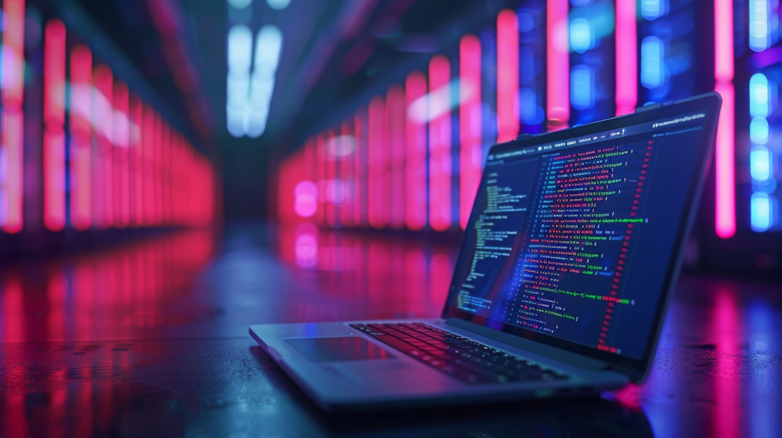 a laptop screen displaying code with cloud service apis and a blurred background